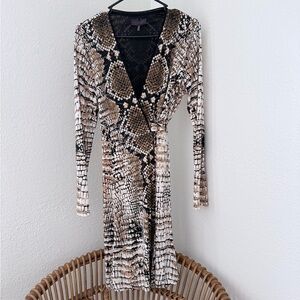 Hale Bob Snake Print Wrap Midi Dress in Black, White, Brown